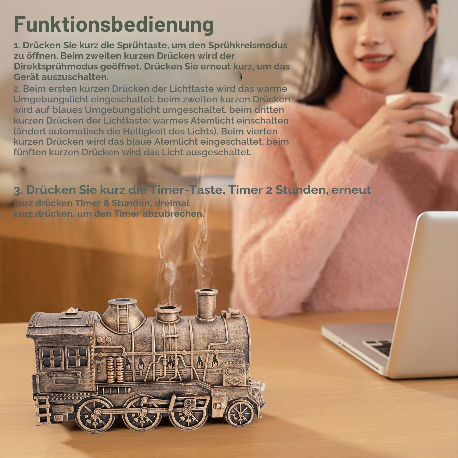 Luftbefeuchter Zug, 300ml Oil Diffuser Kaltnebel Therapie Luft Diffusor mit Doppelsprühauslass Automatische Abschaltung, Flammeneffekt (goldene mit Fernbedienung)