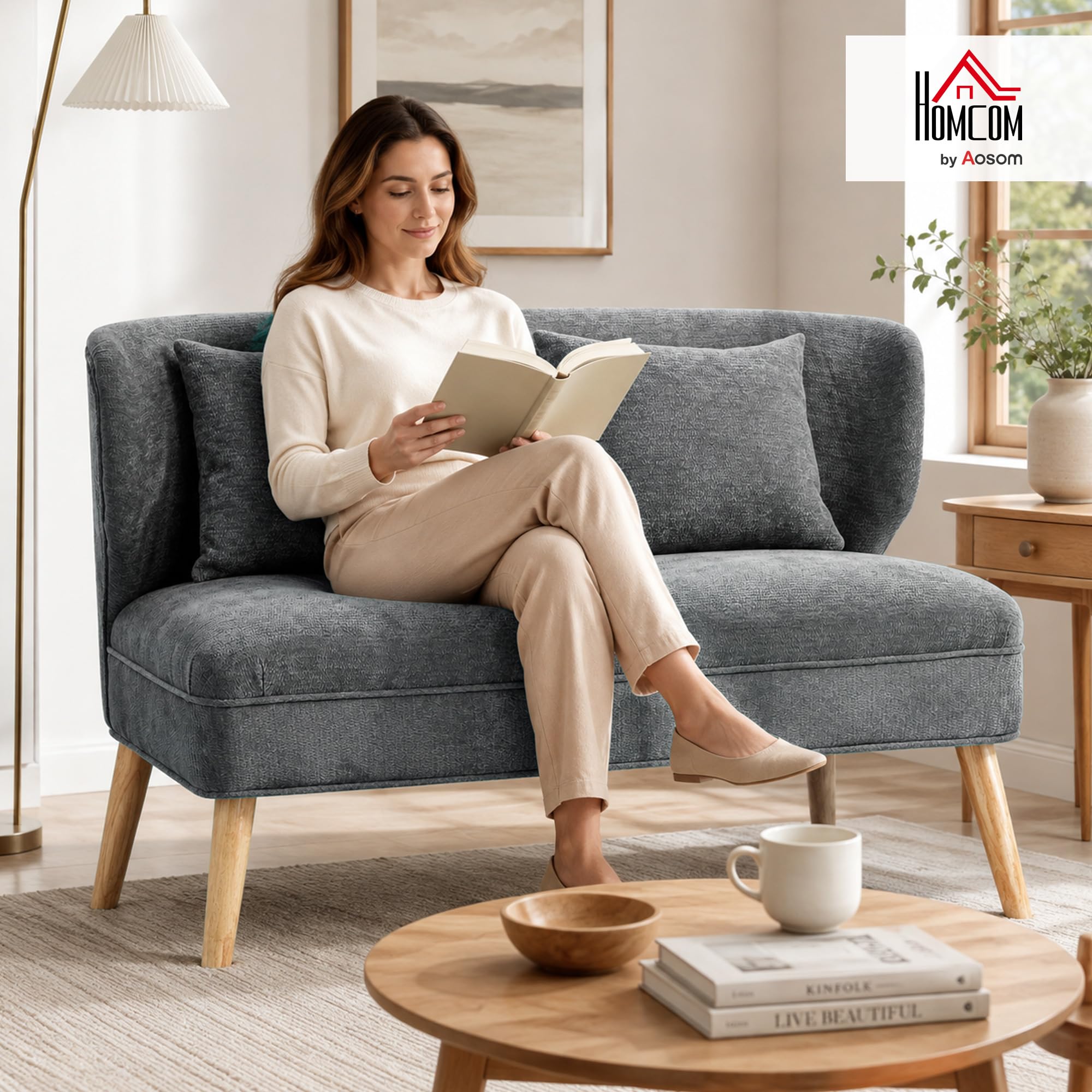 HOMCOM Divano 2 Posti in Ciniglia, Seduta Ampia, 117 x 65 x 78.5 cm, Grigio