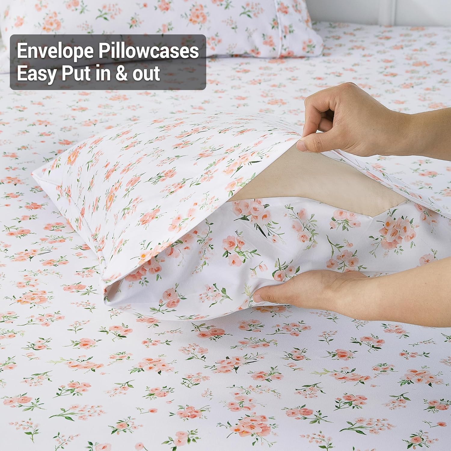 Viviland Floral Full Sheet Set - 4 Piece Vintage Pink Flower and Leaves Patterned Bed Sheets - Soft, Breathable Microfiber Sheets with Deep Pocket, Non-Slip Fitted Sheets & Pillowcases - Image 5