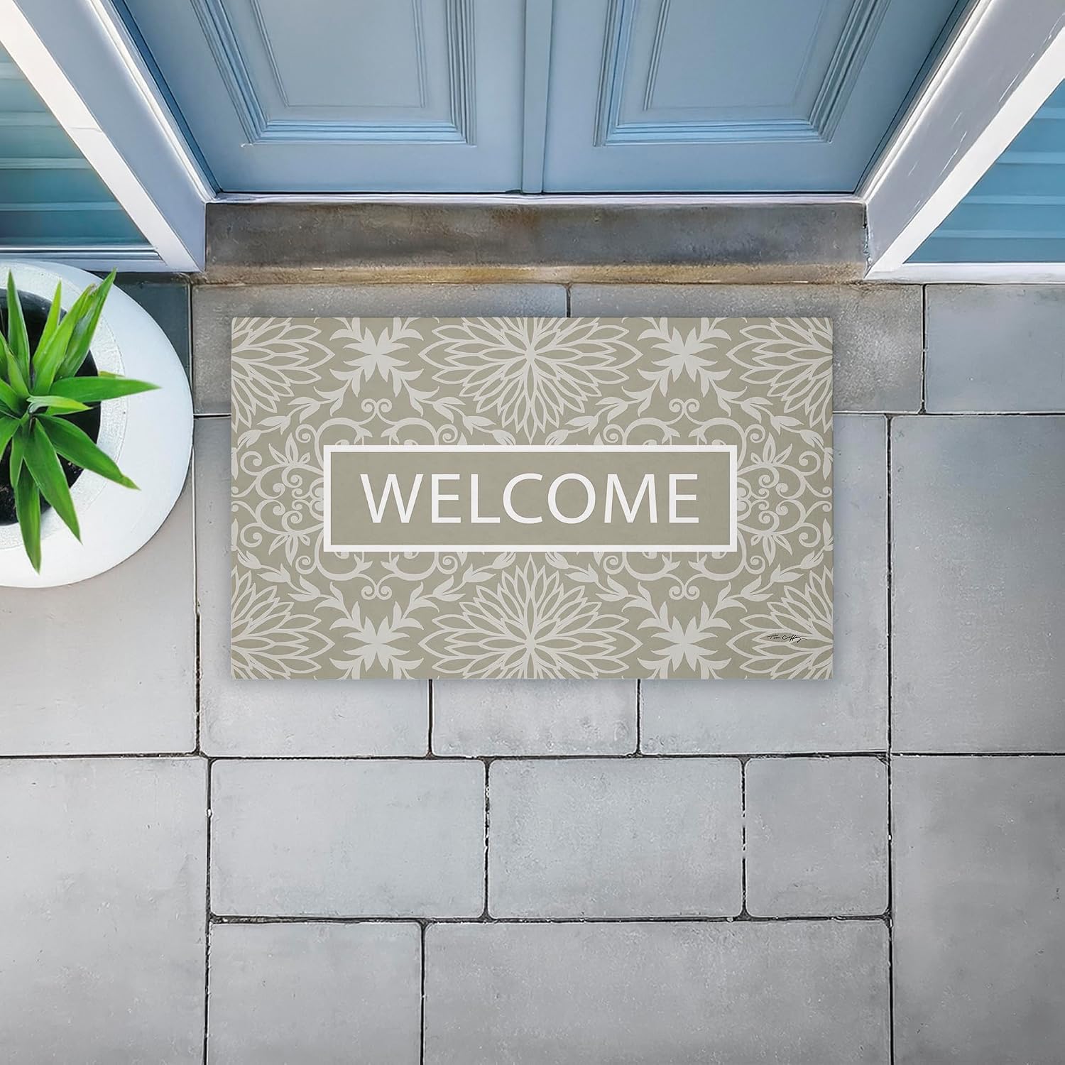 Stupell Industries Green Damask Welcome Outdoor Door Mat, Durable Non-Slip Unwoven Mat with Recycled Rubber Backing, Weather-Resistant Classic Damask Entry Design by Tim Coffey, 18"x30"