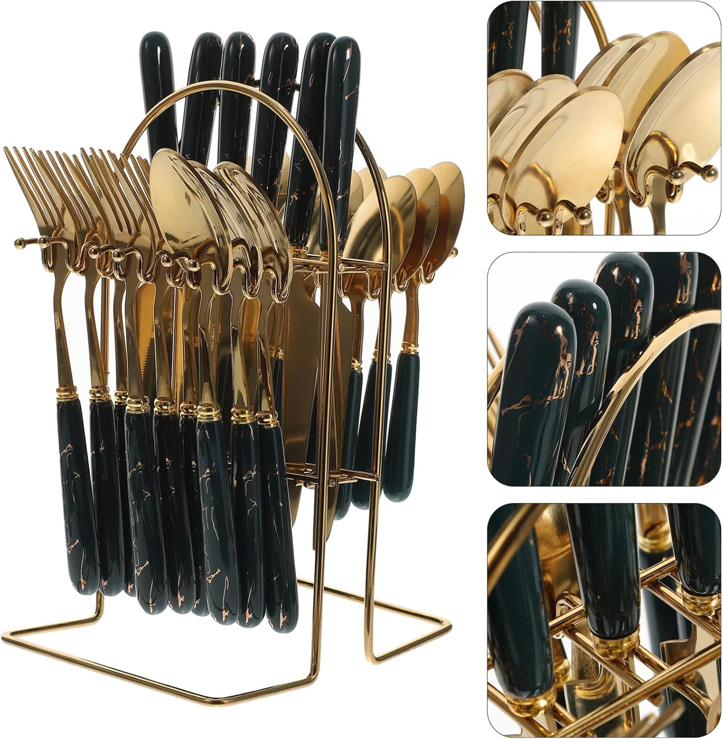 UPKOCH 1set Ceramic Handle Stainless Steel Cutlery Set Forks Spoons Kit with Hanging Stand Ergonomic Design for Home Dining Dishwasher Safe Elegant Finish