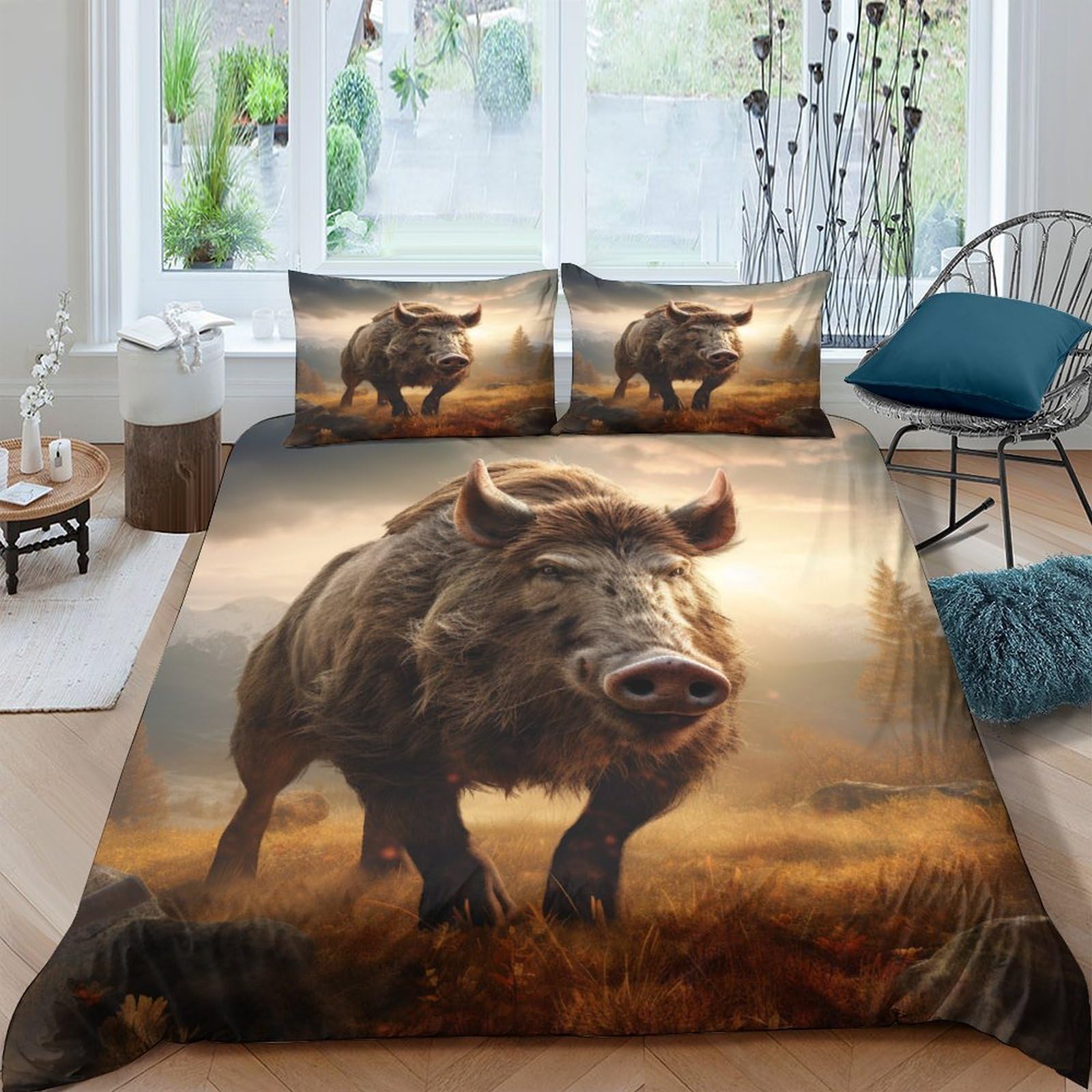 Ctjqhvkz Style-6 3D Printed Wild Boar Fitted Sheet Microfiber Soft Animal Forest Scene Bed Cover For Bedroom Guest Room Decor Single（135X200cm）