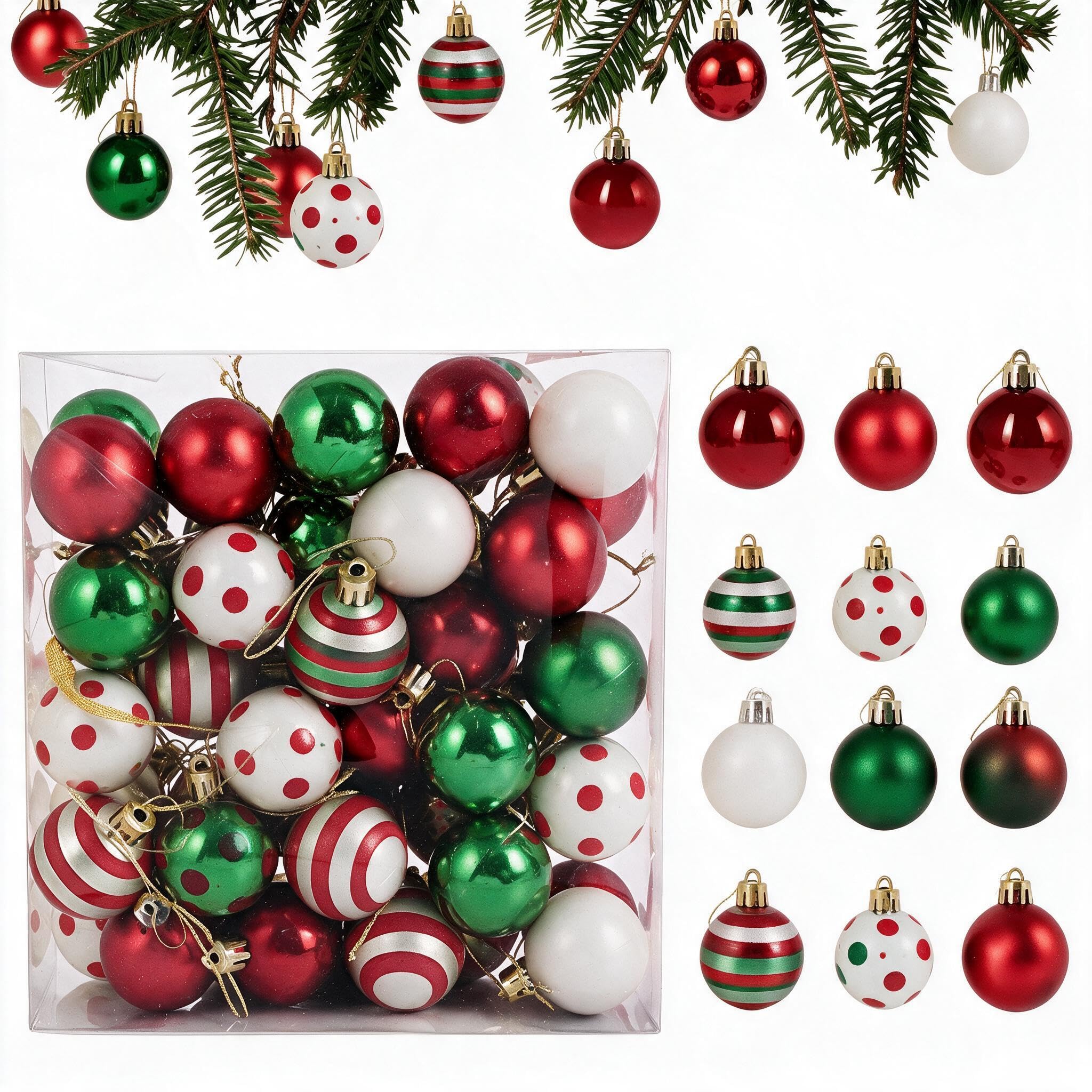 Mtbricey 50 Pcs 40mm Mini Christmas Baubles with Hanging Strings Red Green
