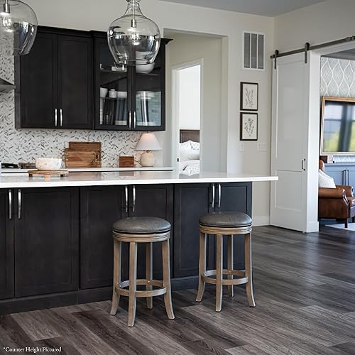 Miniatura 9 de Maven Lane Eva Taburete de bar giratorio de 31 pulgadas de altura de barra sin espalda en acabado de roble recuperado con asiento tapizado de cuero