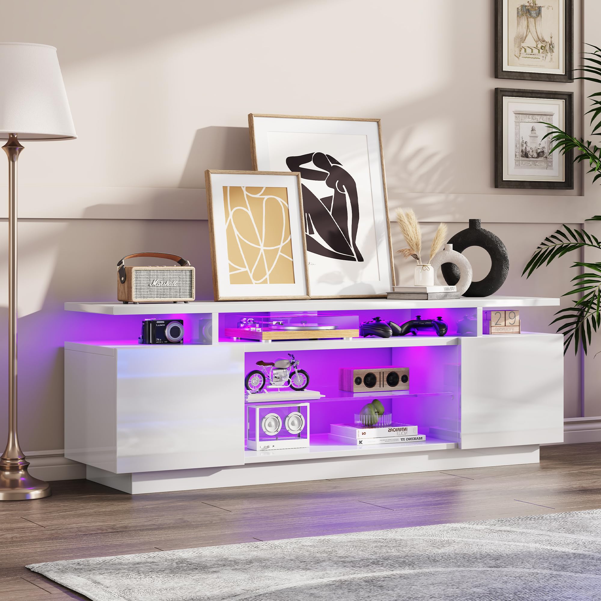 LUXOAK TV-Schrank mit LED Beleuchtung, für Fernseher bis 75 Zoll, Hochglanz TV Board mit großem Stauraum, 2 Türen & Glasablage, Fernsehtisch für Wohnzimmer Schlafzimmer, Weiß