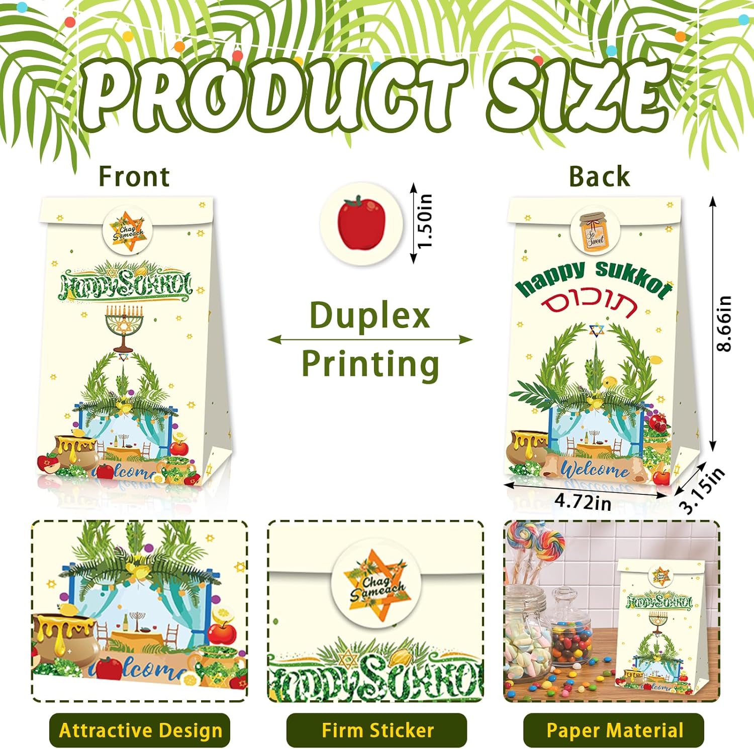 12 PCS Sukkot Gift Bags with Stickers Jewish Festival Candy Bag Grapes Figs Wheat Paper Goodie Bags Jewish Carnival Party Favors Bags Autumn Harvest Treat Bags for Sukkot Party Supplies - Image 3