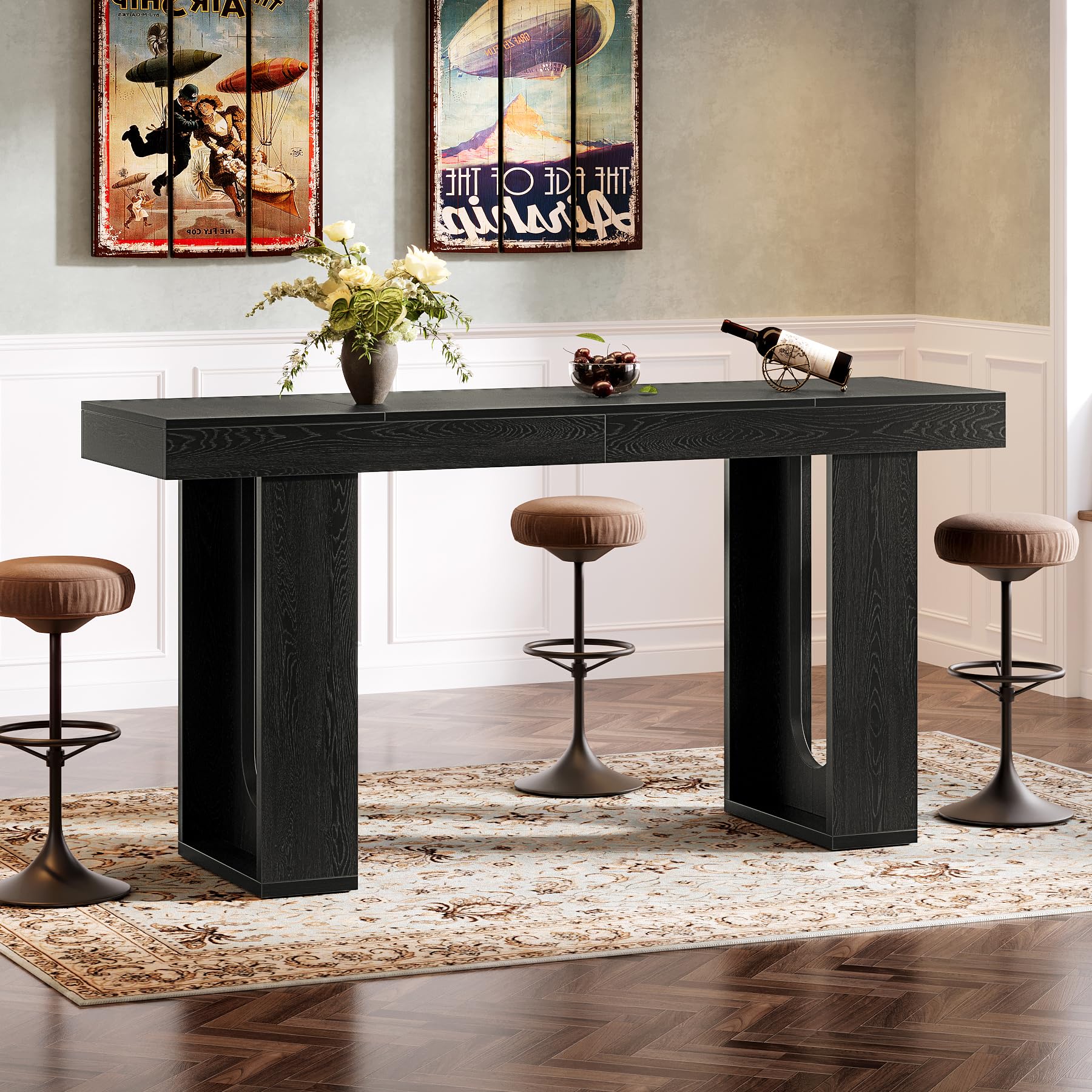 Tribesigns Table de bar longue de 180 cm, table debout moderne en hauteur de travail, comptoir de cuisine rectangulaire avec pieds stables, pour salon, cuisine, bistrot, noir