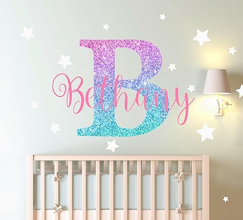 Miniatura 3 de Girls Nursery Shimmer Rainbow Printed Initial and Stars Custom Personalized Name and Initial Kids Vinyl Wall Decal, Wall Sticker Decor for Babies
