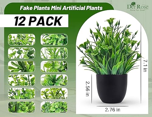 Miniatura 2 de Der Rose Fake Plants 12 Pack Artificial Plants Small Faux Plants in Black Pot for Bathroom Home Office Table Decor Indoor Verde