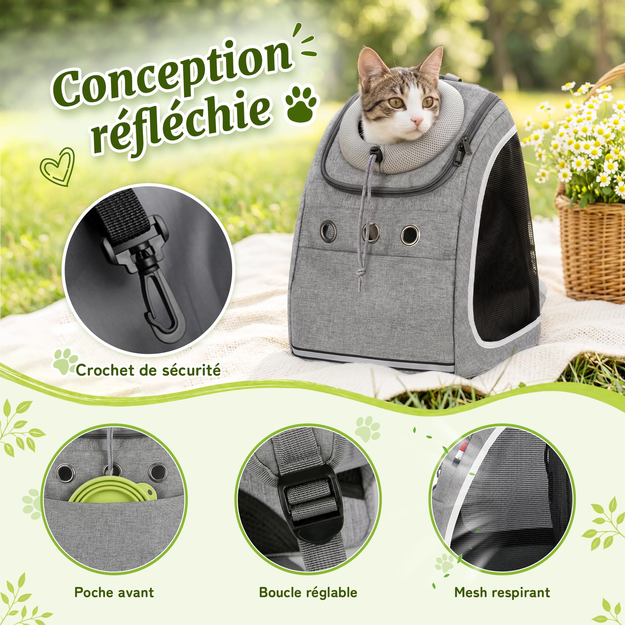 ALLSOPETS Sac à Dos de Transport pour Chien et Chat, Gris Clair | Sac Transport avec Sangle de Sécurité, Confortable pour Petits Chiens et Chats, Idéal pour Voyage, Randonnée et Extérieures