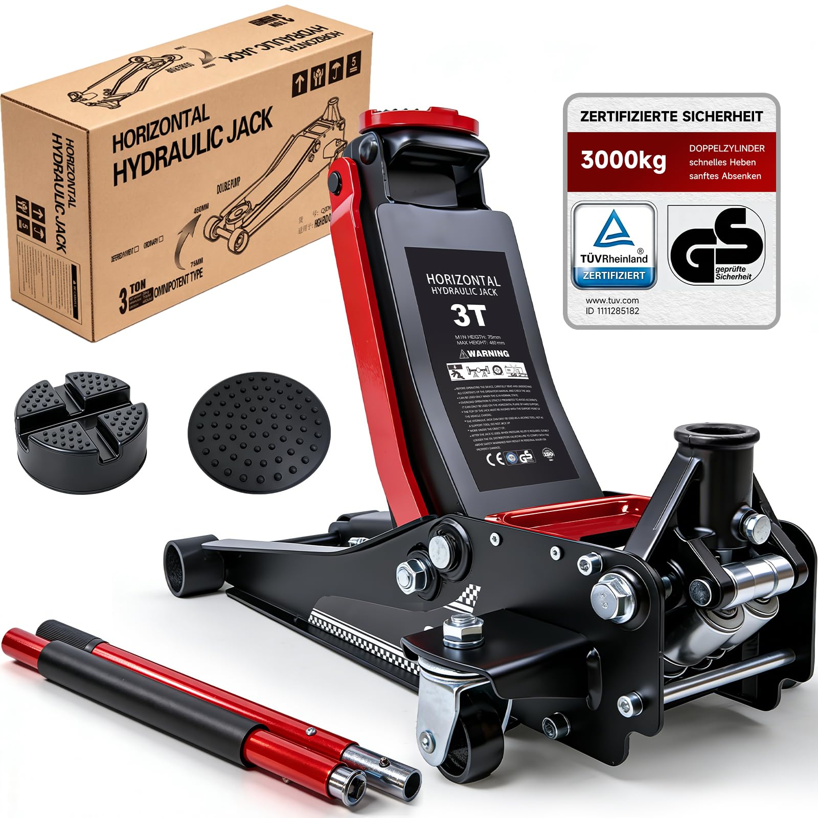 Warmfay Gato hidráulico 3T, gato hidráulico profesional con certificado TÜV, altura de elevación de 75 – 460 mm, gato hidráulico Jack con ruedas de 360°, doble pistón y 2 almohadillas de goma, ideal