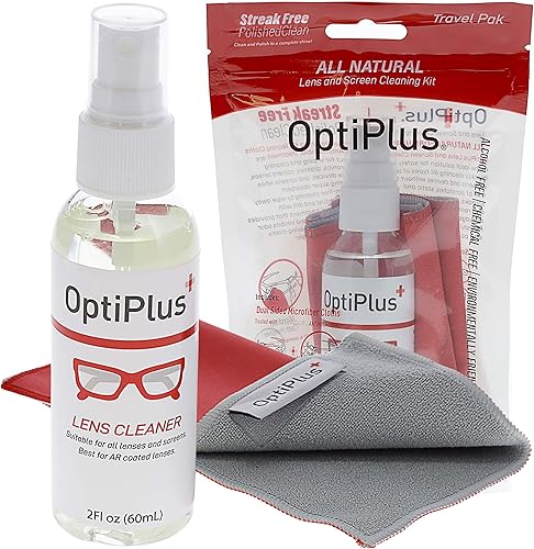 OptiPlus Spray de limpieza de lentes totalmente natural y paño de microfibra de doble propósito Spray sin rayas para lentes, pantallas de