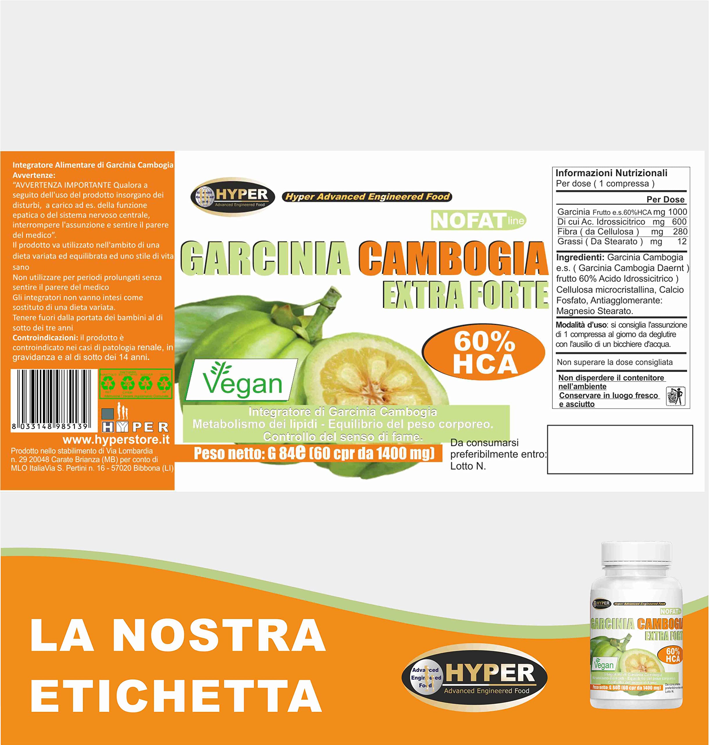 Hyper Garcinia Cambogia Extra Forte 1000 MG X Compressa – 60% HCA Integratori - Vegan - 5 Flaconi da 60 compresse Integratore Alimentare Prodotto in Italia