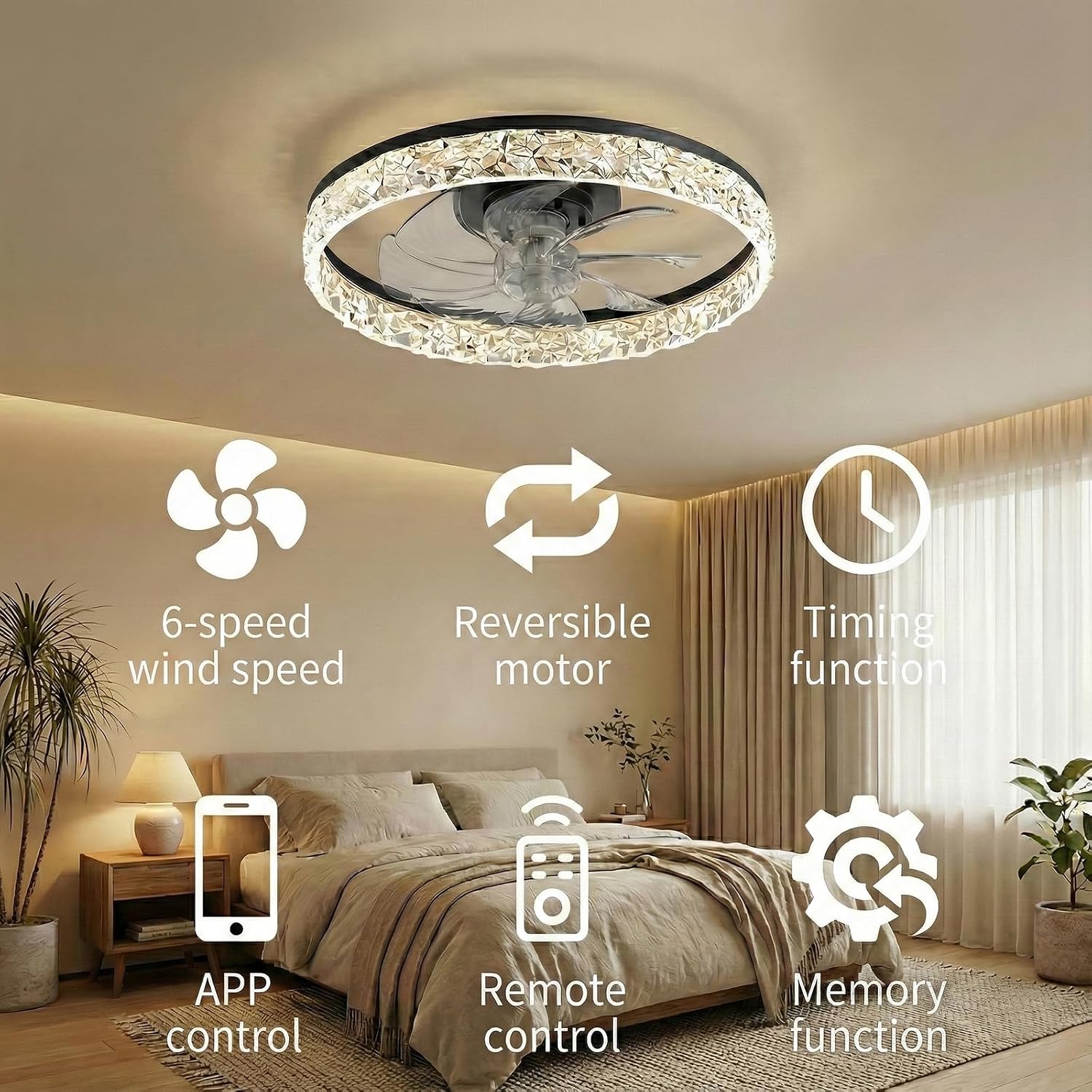18.8" Acrylic Crystal Flush Mount Ceiling Fan with Light, Black image 4