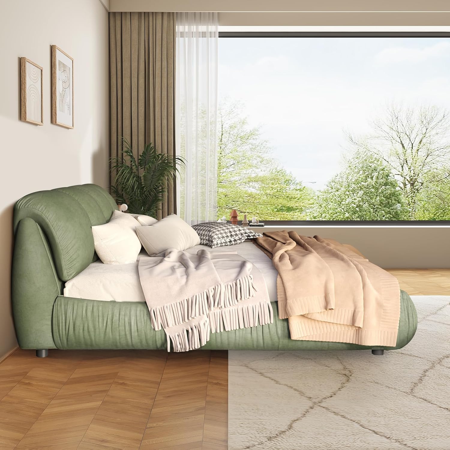 King Size Luxury Upholstered Cloud Bed Frame – Solid Wood Modern Platform Bed with Oversized Padded Backrest & Metal Legs, No Box Spring Needed, Easy Assembly (Green, King)