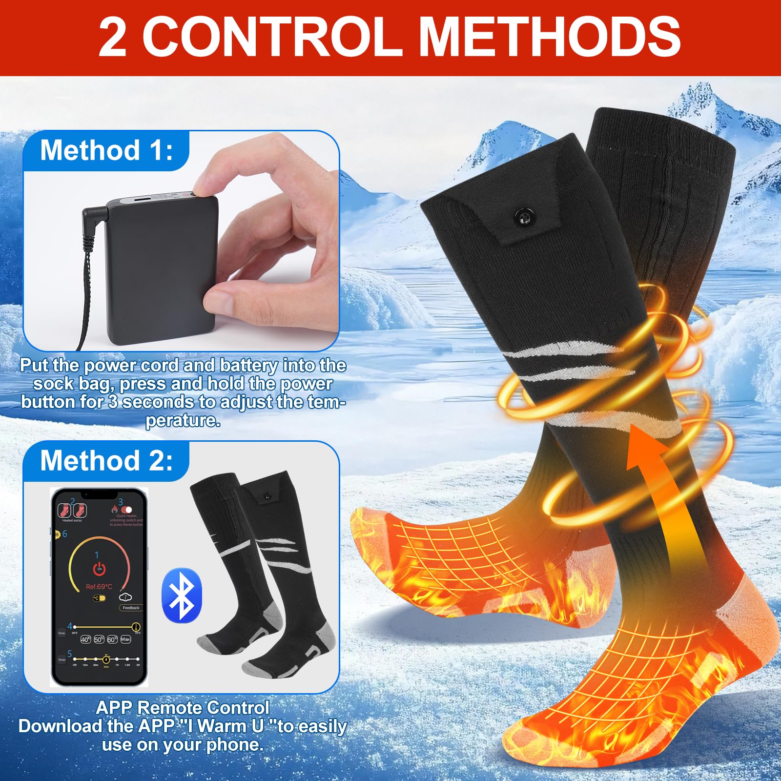 Beheizbare Socken mit APP 5000mAh Akku Wiederaufladbare elektrische Beheizte Socken für Herren 4 Temperatureinstellungen Outdoor-Reiten Camping Wandern Skifahren Warme Größe L