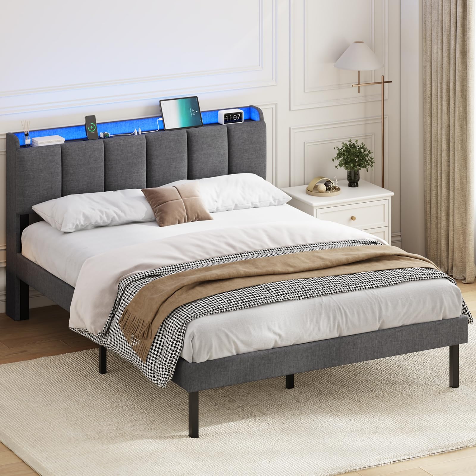 Letto Matrimoniale AOGLLATI 140x200 Cm Con Luci LED RGB, Testiera In Legno, Presa USB E Type-C, Rete A Doghe In Metallo E Spazio Sotto | Letto Illuminato Con Comando A Telecomando