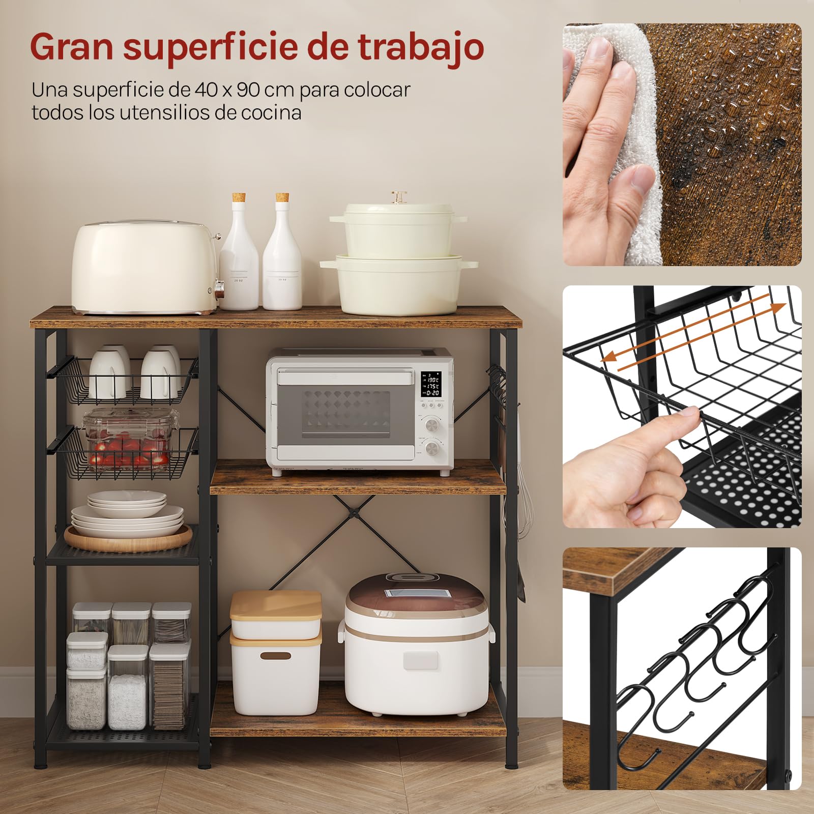 WOLTU Estanteria Almacenaje con 2 Cestas y 2 Estantes de Malla Metálica, Estantes de Soportede para Microondas con 5 Ganchos, Organizador Cocina, 90 x 40 x 82 cm, Marrón Rústico+Negro
