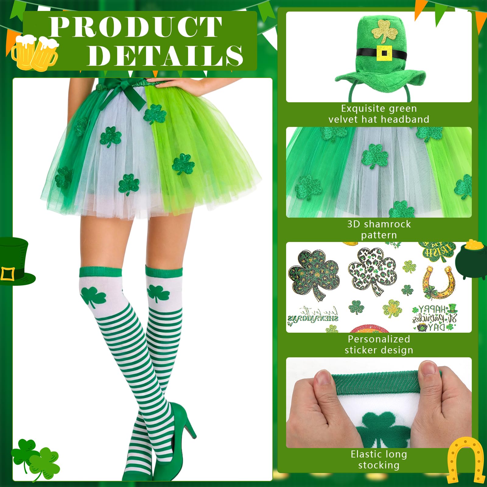 Beipegin 8 Pieces St. Patrick's Day Costume for Women,Green Tutu Skirts Green Top Hat Headband Shamrock Earrings Leprechaun Costume Striped Socks St. Patricks Day Party Favour - Image 2