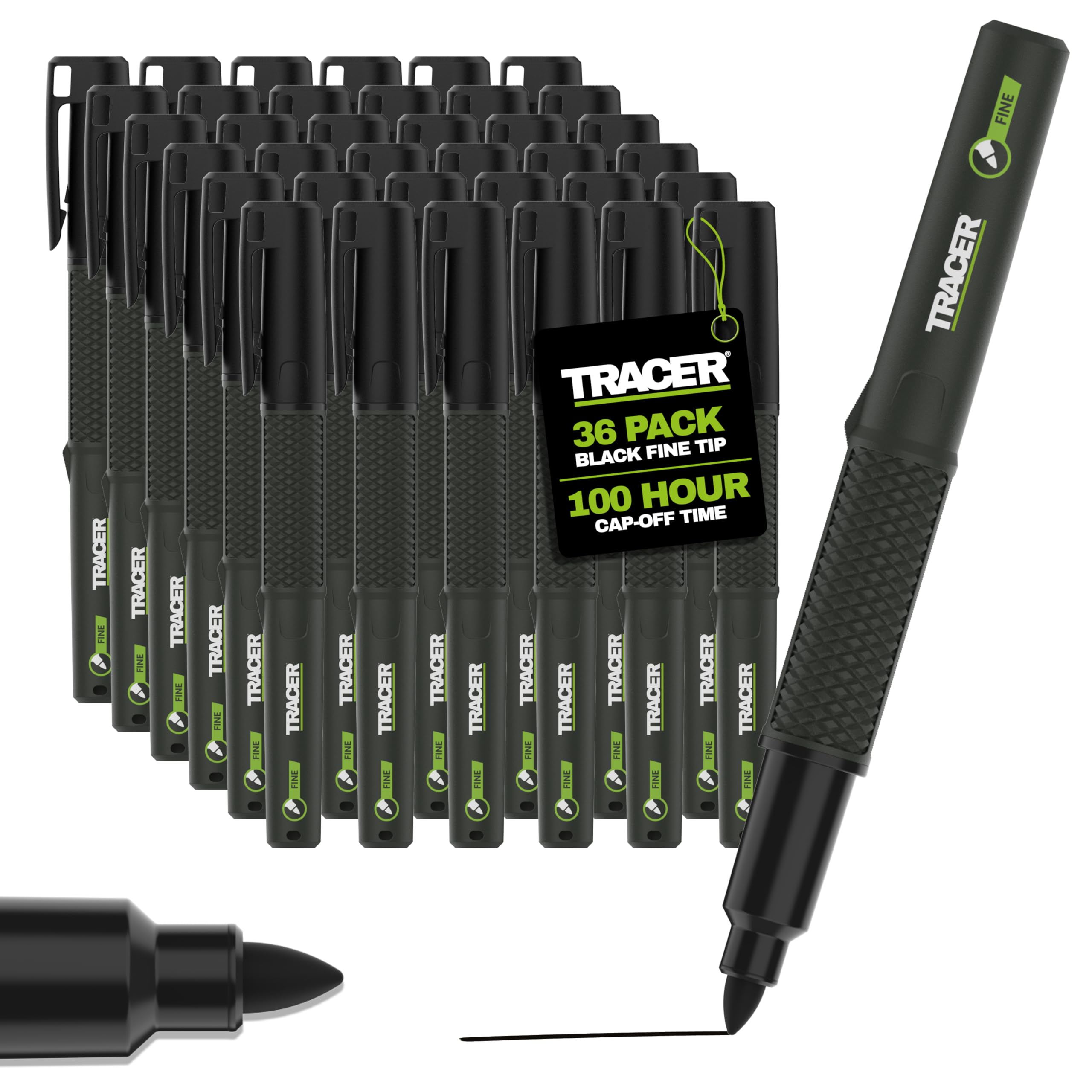 Tracer 2.0 Fine Tip Permanent Marker Pens Black x36, 100hr Cap-off