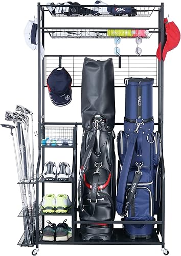Mythinglogic Golf Bag Storage Garage Organizer2 Golf Bags Storage Stand and Golfing Equipment Accessories Storage Rack with 4 Removable Hooks Extra