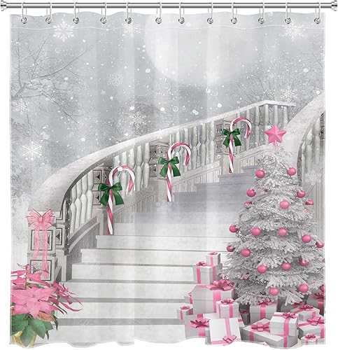Miniatura 6 de LB Pink Christmas Shower Curtain Sets with Rugs Xmas Tree and Xmas Ball Gifts on Grey Fabric Shower Curtain with Hooks Winter Snowflake Bathroom