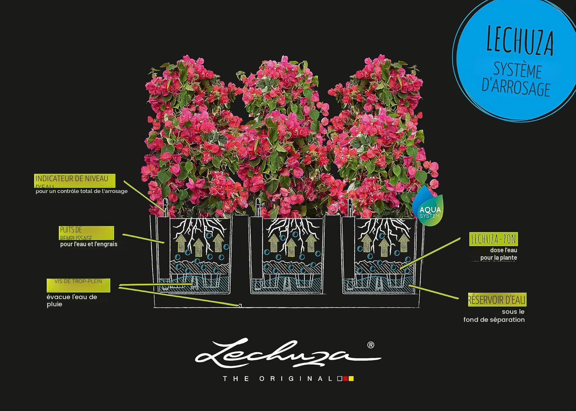 Lechuza Cottage Trio Pot de Fleurs d'Extérieur et d'Intérieur avec Réserve d'Eau Intégrée Granit 100 x 32 x 34 cm
