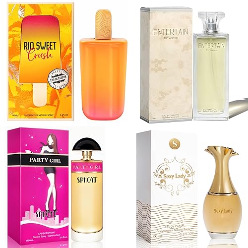META-BOSEM Set de perfume para mujer, Eau de Parfum, paquete de 4 (3.4 oz  3.4 fl oz cada uno), Entertain, Party Girl, Sexy Lady, Rio Sweet Crush,