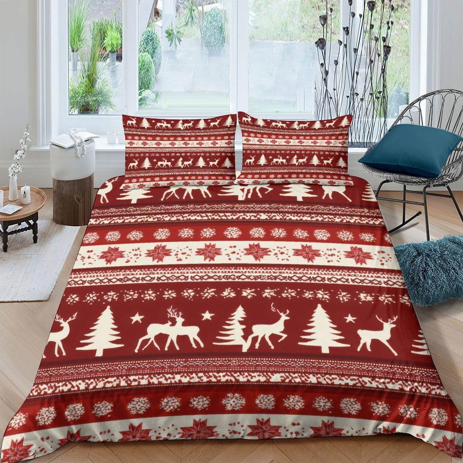 Ctjqhvkz Style-9 3D Printed Nordic Christmas Red Fitted Sheet Microfiber Soft Reindeer Forest Bed Cover For Bedroom Guest Room Mattress Decor Single（135X200cm）