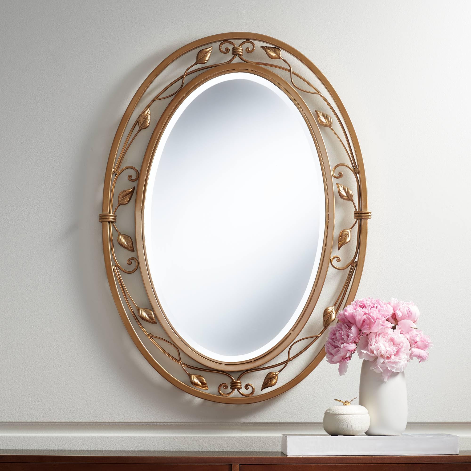 Noble Park Eden Park Oval Vanity Decorative Wall Mirror Vintage French Beveled Glass Vine Flower Gold Metal Frame 24" Wide for Bathroom Bedroom Living
