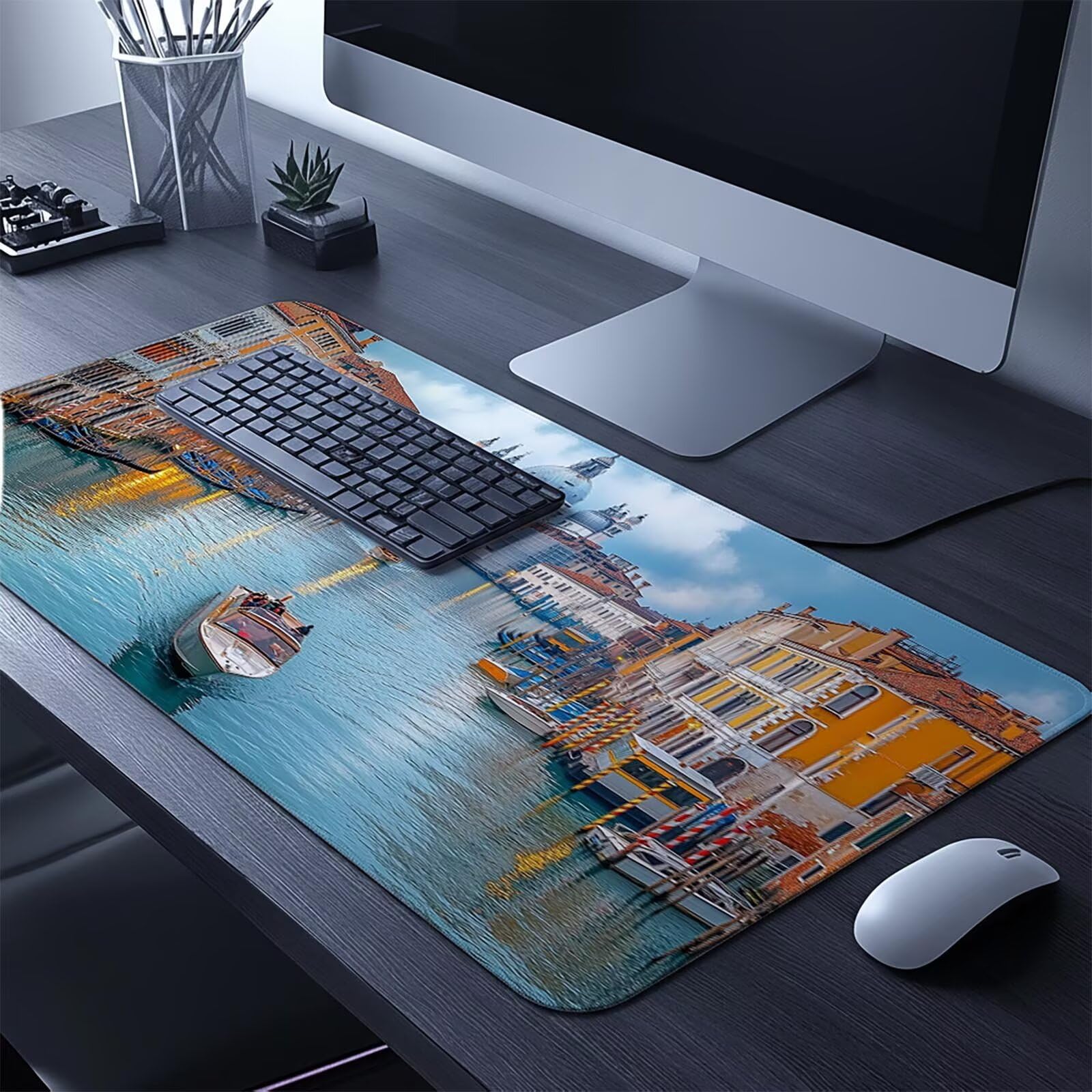 Wodoodporna podkładka pod mysz Wenecja Podkładka pod mysz do gier z antypoślizgową gumową podstawą szyte krawędzie, podkładka pod mysz miasto na PC Laptop Keyboard Deco Office Prezent dla mężczyzn 60