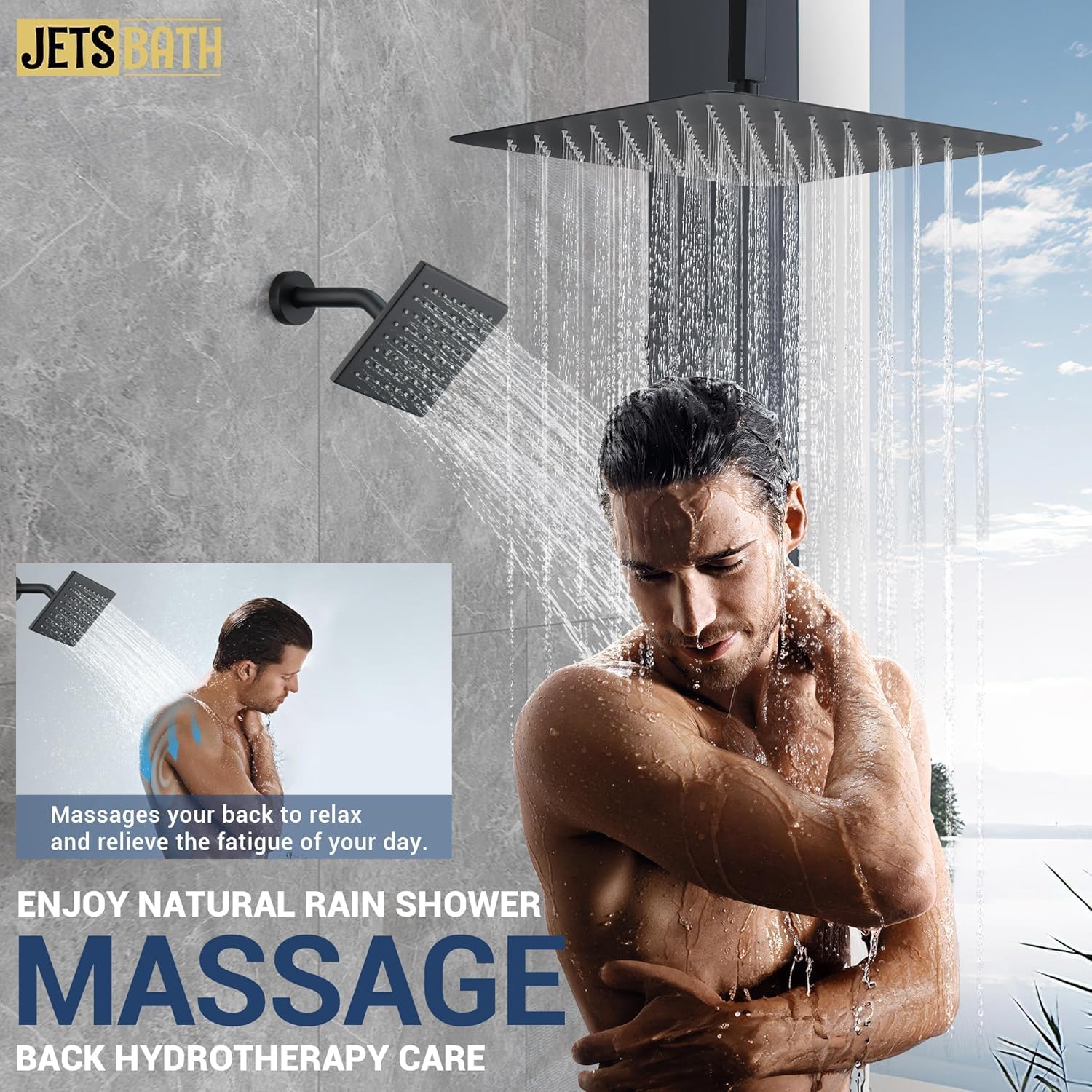 16" Thermostatic Dual Rainfall Head Shower System with Handheld & Valve, 16” Ceiling Shower Faucet Set with 6-Inch Shower Head, JetsBath Matte Black Full Body Shower System for Couples/ 2-Person