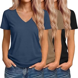 3er Pack Damen T-Shirts V-Ausschnitt Kurzarm Sommer Trendy Casual Tops Lockerer Schnitt Gerade Saum Basic