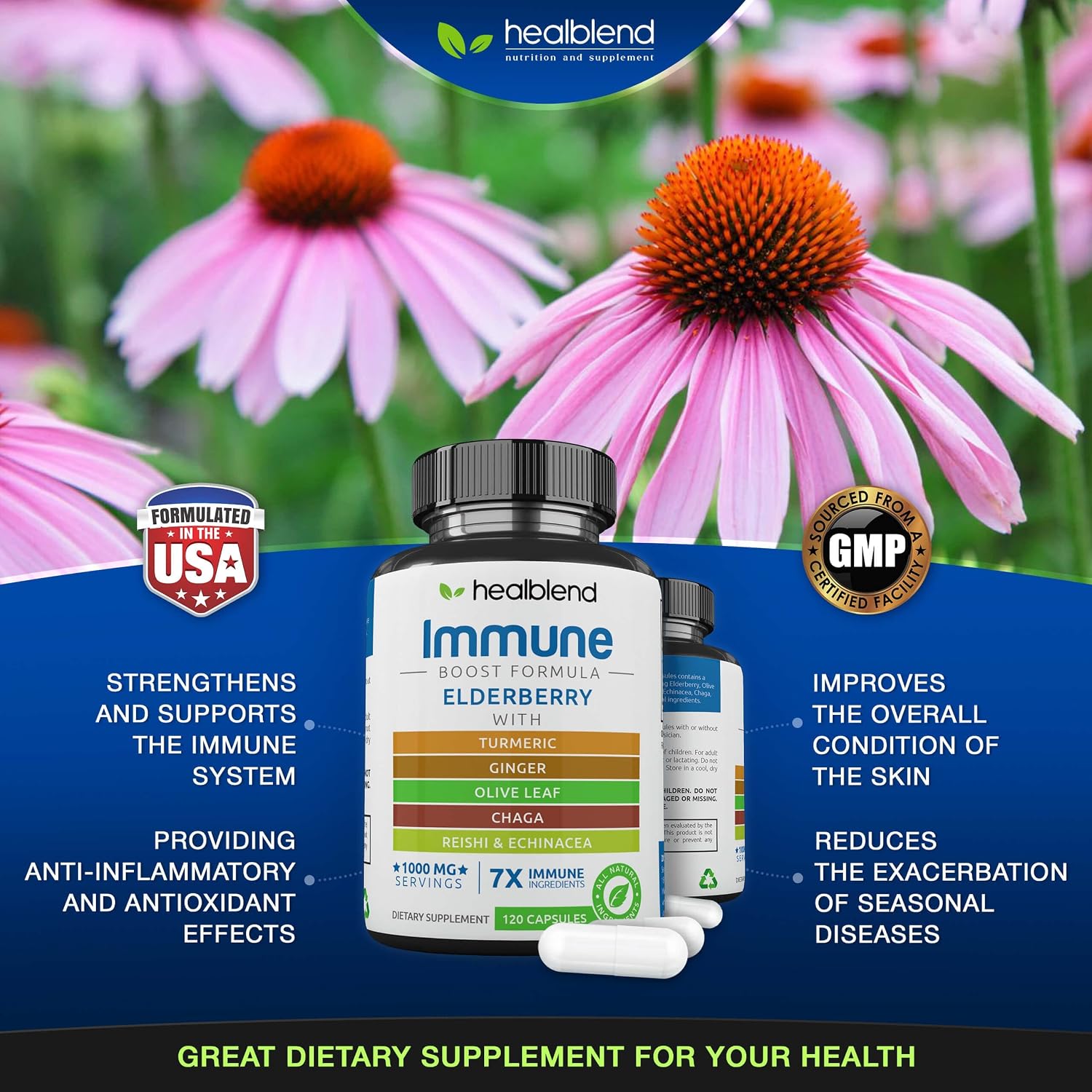 Immune Support Capsules Elderberry with Olive Leaf, Echinacea, Ginger, Chaga & Turmeric Blend - High Potency Immunity Boost Supplement - Immune System Booster Supplement - [120 Capsules]