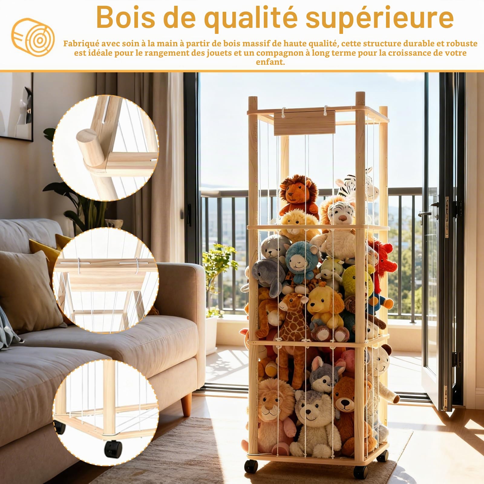 Rangement Peluche, Rangement Peluche de Enfant en Bois Range en Roues équipées d'un Frein à 360° Organisateur de Stockage D'animaux pour Chambre d'enfant, Salle de Jeux, Salon, etc