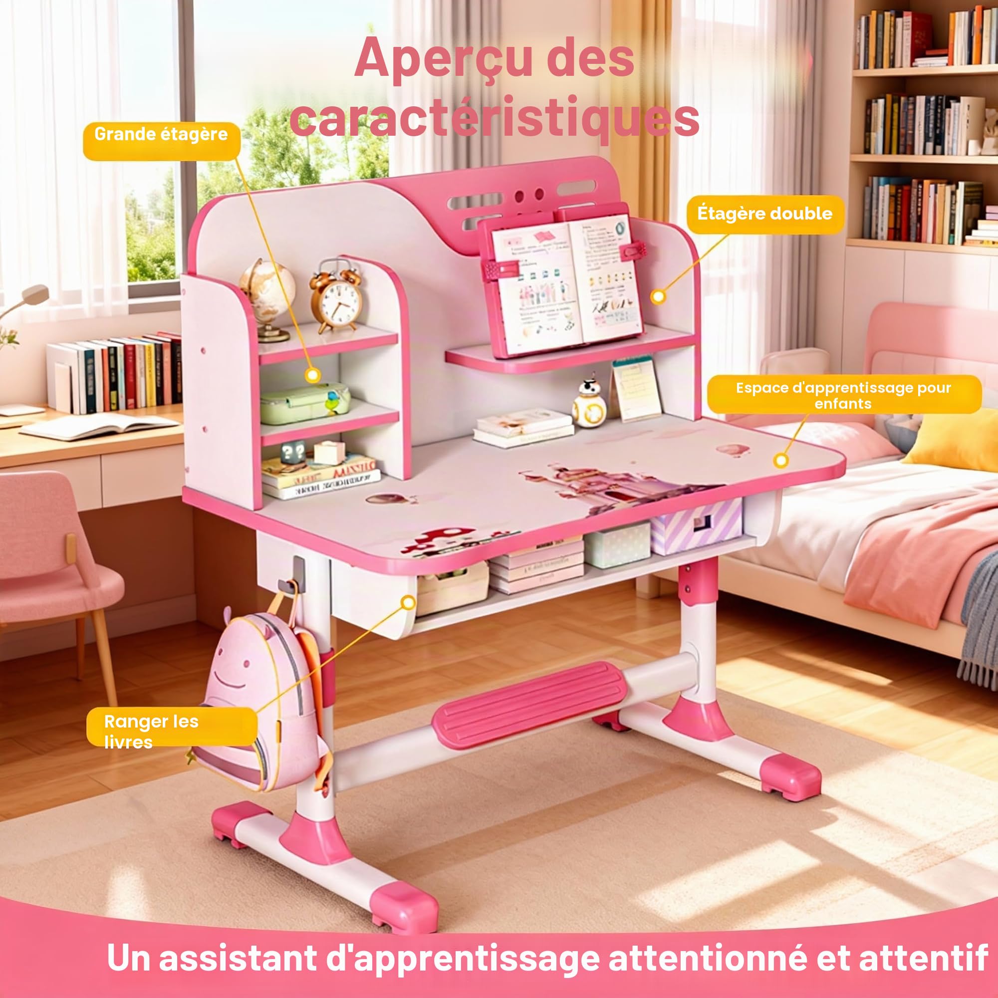 Ensemble de chaises de bureau réglables pour enfants avec table d'étude, bibliothèque et tiroir (rose)