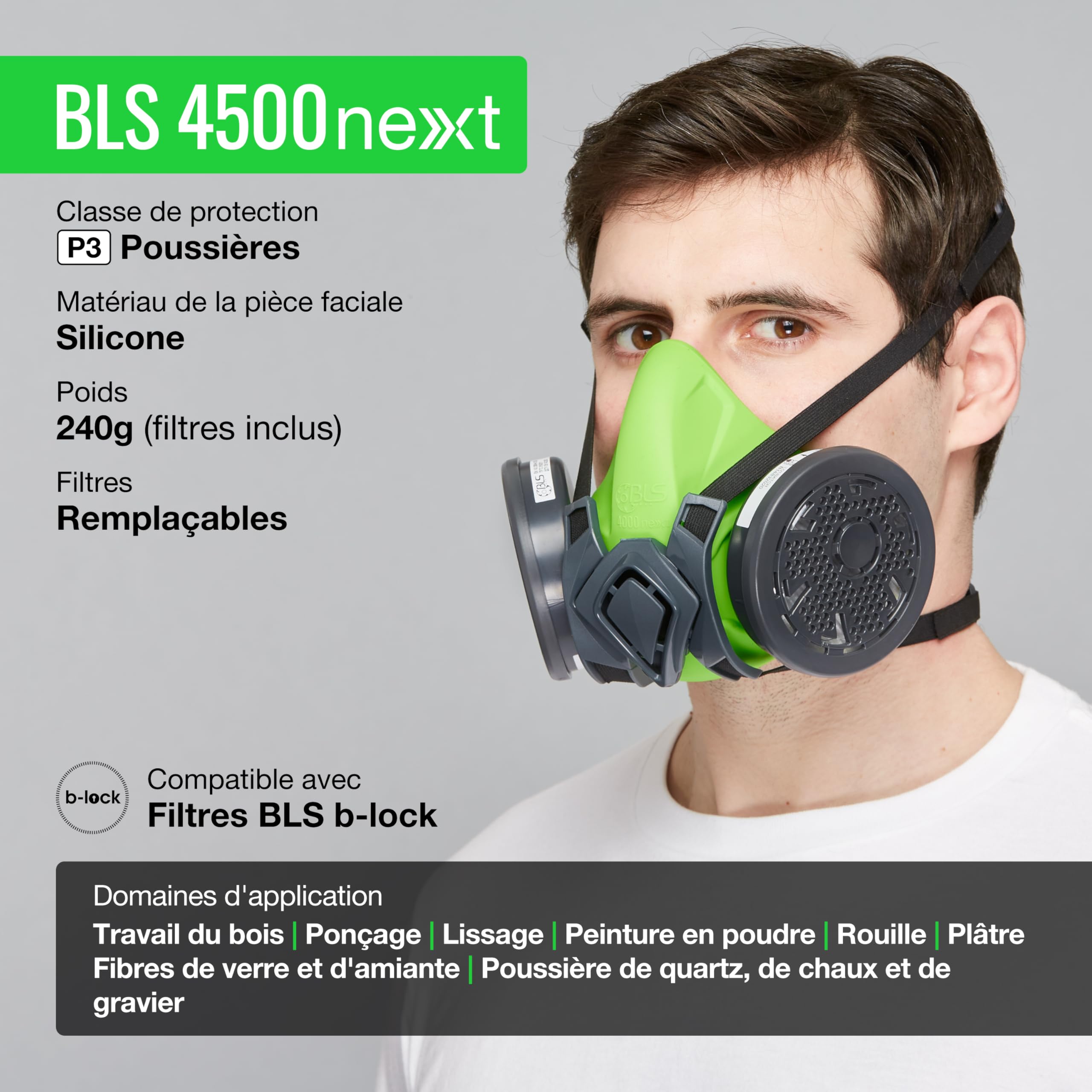 BLS 4500next P3 R D Demi-masque de Protection en Silicone et 2 Filtres Remplaçables 202 P3 avec Raccord à Baïonnette b-lock. Pour Poussières, Menuiserie, Construction, Soudage et Bricolage
