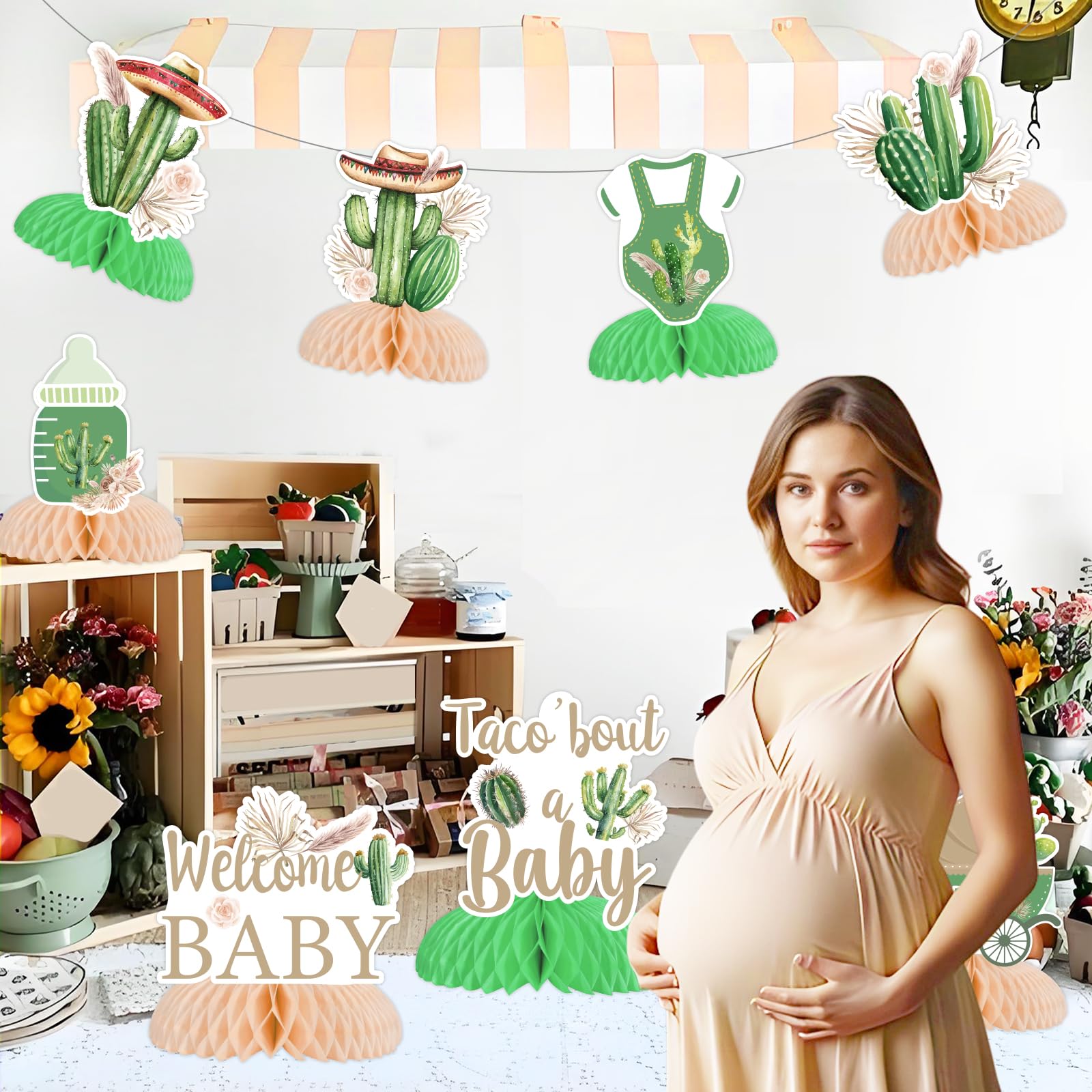 JOYMEMO 8Pcs Cactus Baby Shower Honeycomb Centerpieces, Mexican Fiesta Succulent Table Centerpieces Taco Bout A Baby Decor - Image 3