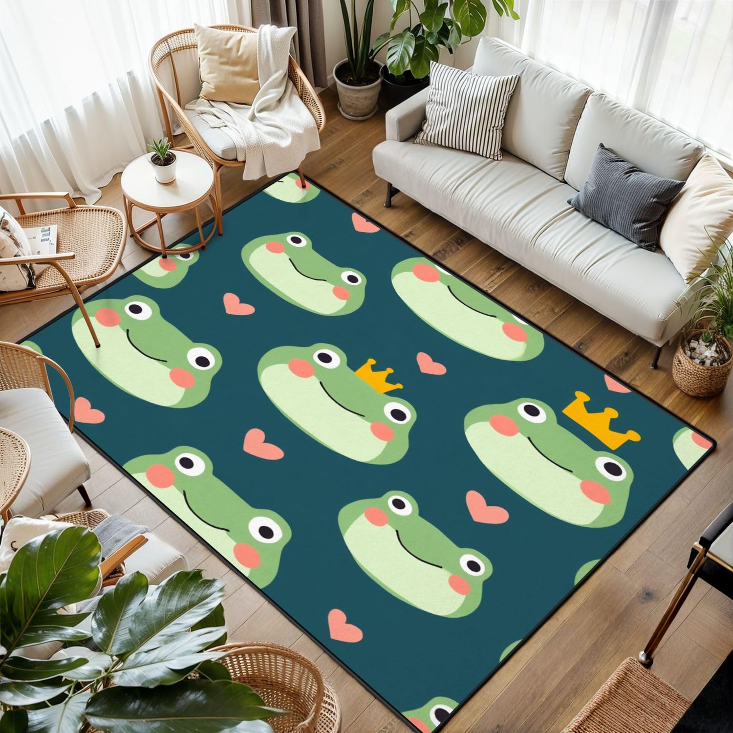 Area Rug Seamless Pattern Cartoon Frog Cute Animal for Kids Textile Fabric Washable 4x6 feet Rugs for Bedroom Kitchen Living Room Non Slip Outdoor Carpets Soft Mats for Home Playroom Decor