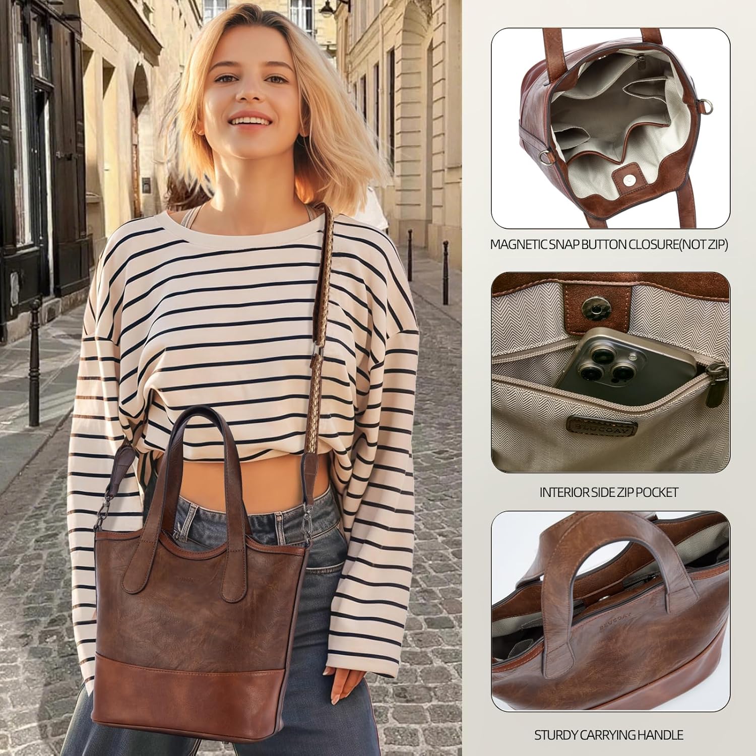 Blucoay Top Handle Crossbody Bags for Women Vegan Leather Large Capacity Bucket Purse Satchel Bag with 2 Bottle Holder Pocket - Image 3