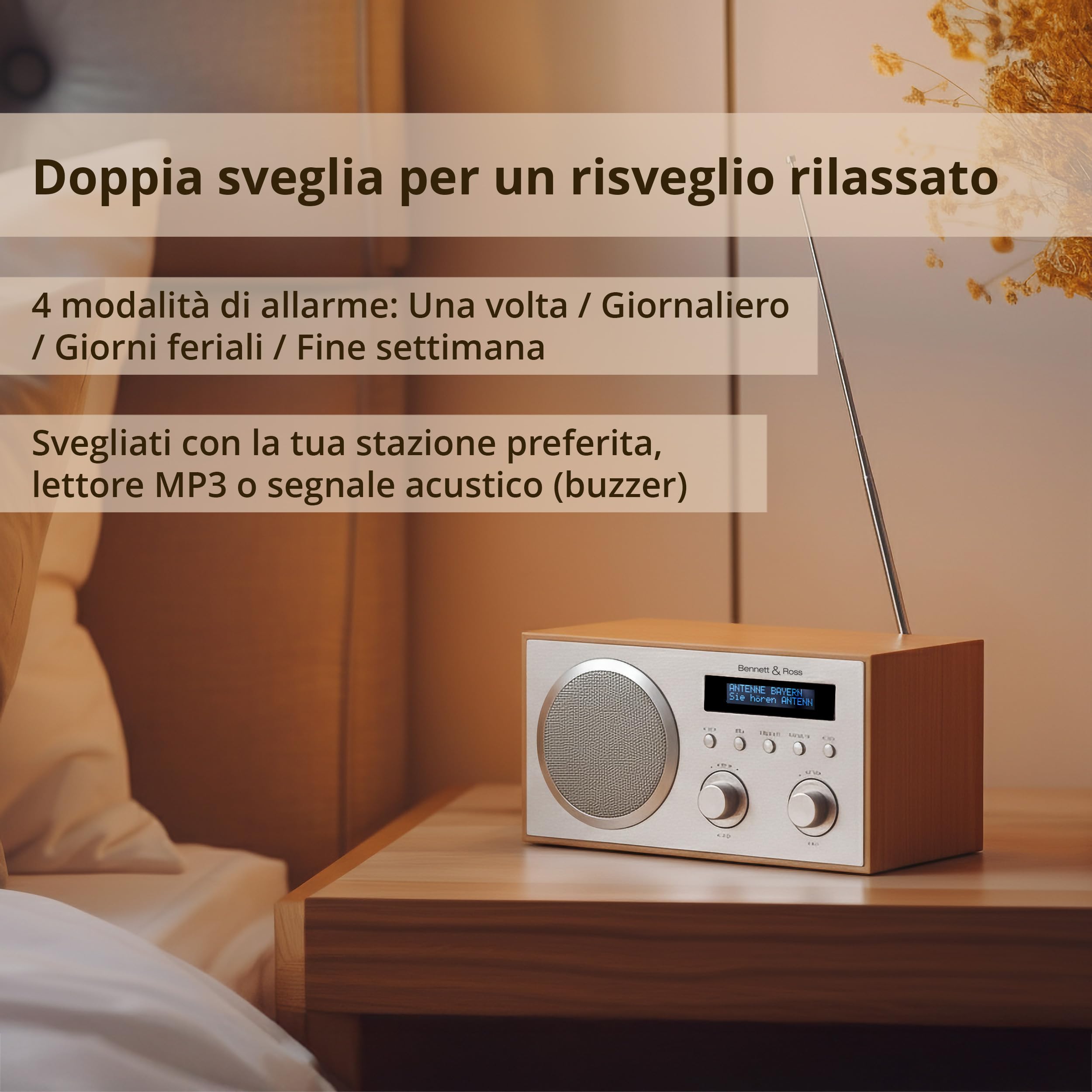 Bennett & Ross DAB-258 NT Vikedal Radio Digitale DAB+/FM - Streaming Bluetooth dallo Smartphone - Lettore USB MP3 e AUX - Doppia Sveglia con Snooze e Timer Di Spegnimento - Display LCD - Naturale