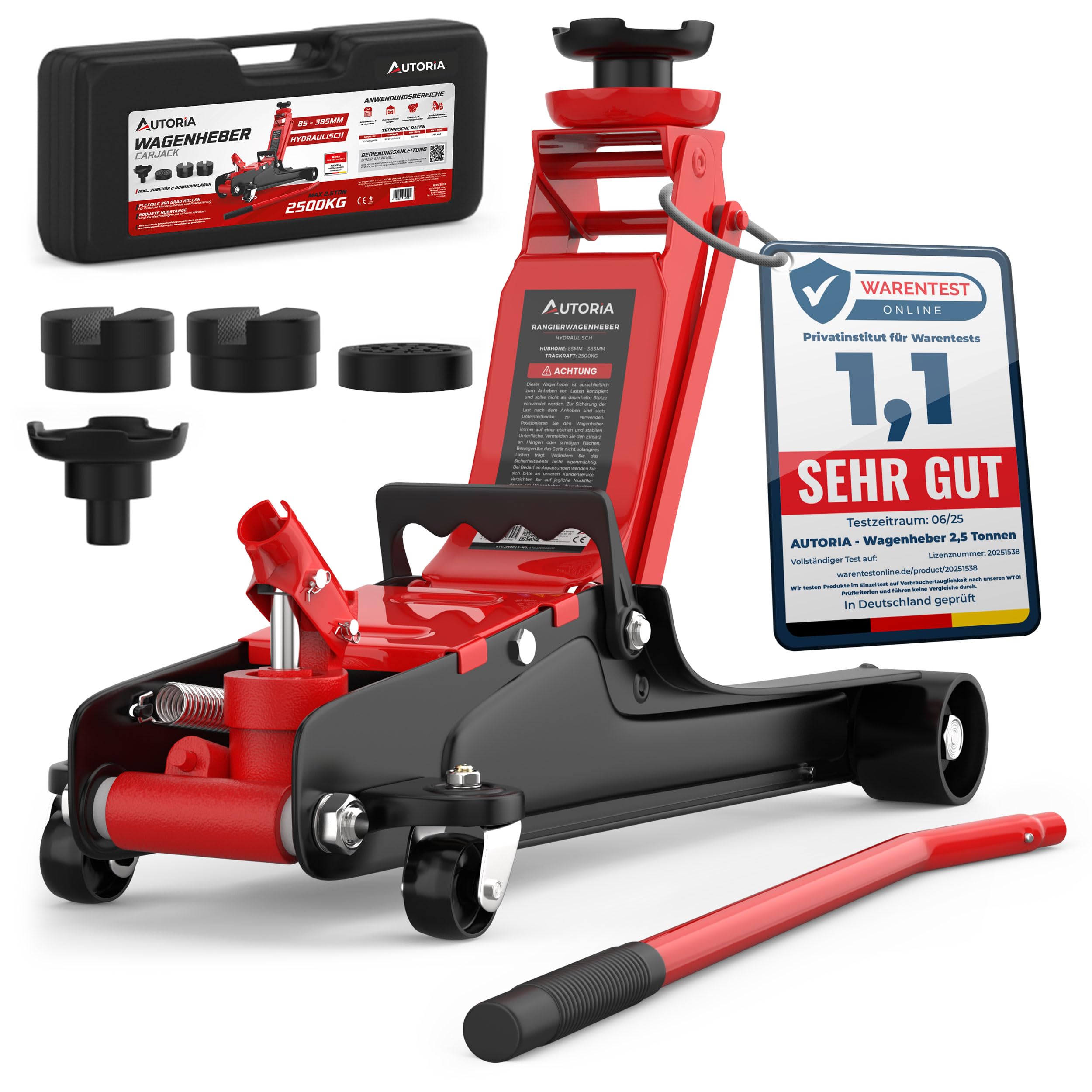 Wagenheber 2,5T extra flach – Hydraulischer Rangierwagenheber mit Transportkoffer, 3 Gummiauflagen & Adapter – Auto Wagenheber für PKW bis 2.500 kg (Rot)