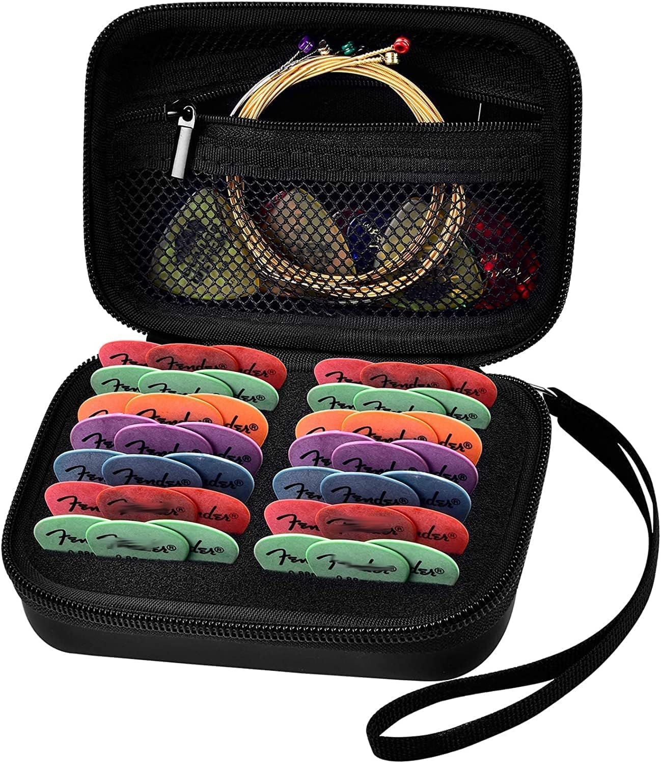 70+ Guitar Pick Holder Case for Fender for JIM DUNLOP for D'Addario Acoustic Strings, Universal Pick Organizer for Capo, String Winder, Bridge Pins, Accessory Kit for Guitars Player Music Lover -Black