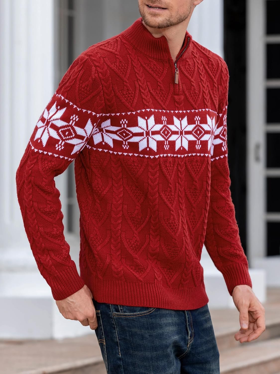 Makkrom Mens Ugly Christmas Sweater Quarter Zip Pullover Long Sleeve Snowflake Mock Neck Soft Knitted Sweaters - Image 4