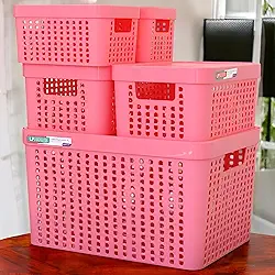 Kit 5 Caixas Organizadoras com Tampa Plástico Resistente Multiuso Armário Cozinha Lavanderia (ROSA)