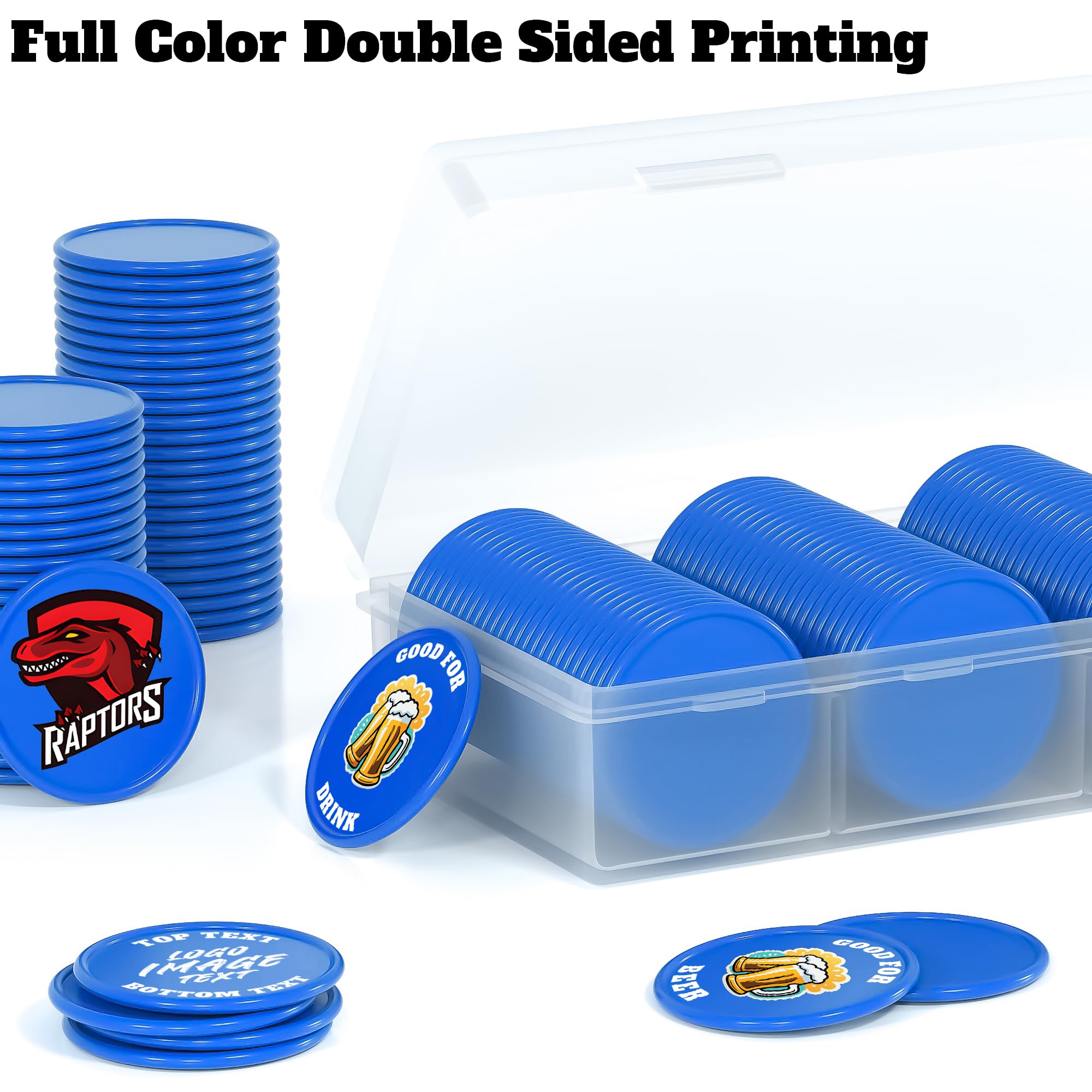 500 individuelle Poker-Chips, personalisierte Getränke-Chips mit eigenem Logo, Bild und Text, doppelseitiger UV-Vollfarbdruck, Getränkechips für Bar, Party, Visitenkarten, Firmenlogo und