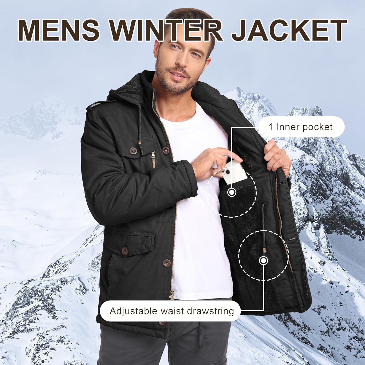 CHEXPEL Men's Winter Jackets with Hood Cotton Military Jackets Fleece Lined Thick Work Coats with Cargo Pockets - Image 5