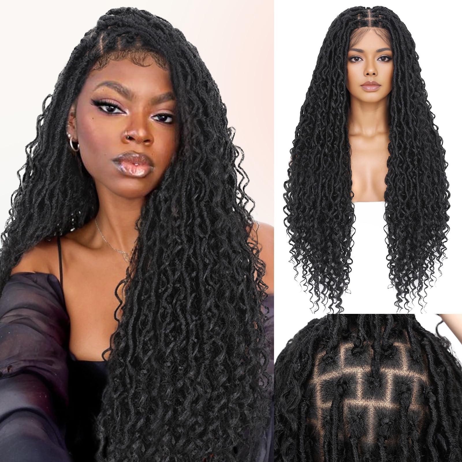 WIGNEE Boho Braided Wig Full Double Lace Front Braided Wig Goddess Faux Locs Wig Pre-Plucked with Baby Hair Embroidery Square Knotless Braided Wigs