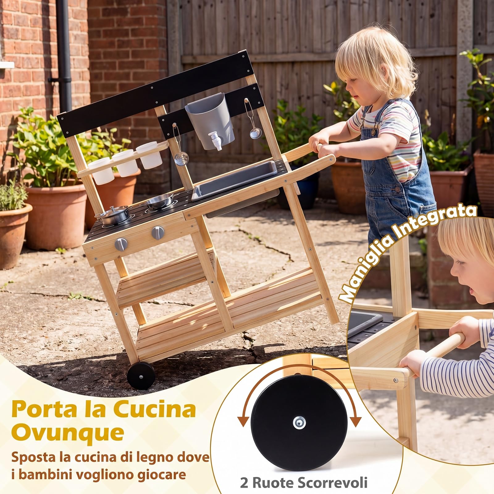 COSTWAY Cucina Giocattolo per Giardino, Cucina da Esterno per Bambini | con Pentola, Padella, Utensili da Cucina, Vasi da Fiori, Lavandino, Serbatoio e Lavagna, per Bambini 3+ Anni, 91 x 37 x 91 cm