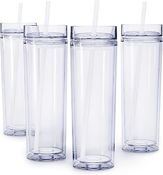 Maars Skinny Clear Tumbler with Lid and Straw | 16oz Premium Acrylic, Insulated Double Wall Plastic Reusable Water Cups, BPA-Free To Go Cups for Iced Coffee, Juice & Ice Tea